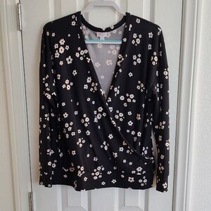 LuLaRoe Rebecca Black and White Floral Cross Front Long Sleeve Top Size Large